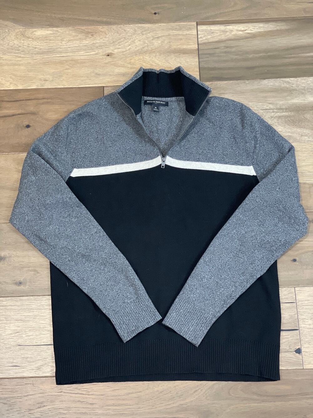 Banana Republic Gray Black White Colorblock Cotton Quarter Zip Sweater Size M
